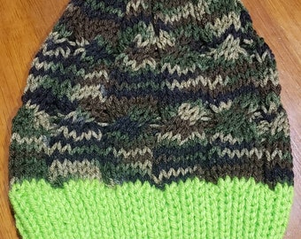 Camo cable knit slouchy beanie with neon green brim