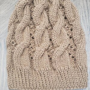 Brown cable with lacey knit slouchy beanie