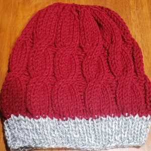 Red Cable Knit Slouchy Beanie with Grey and White Stripped Brim
