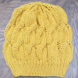 Loose Cable Knit Slouchy Beanie in Dark Mustard Yellow