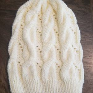 Cable Knit with Lacy Panel Slouchy Beanie in Soft White