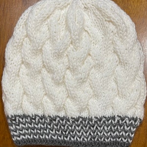 White Wavering Cable Knit Slouchy Beanie with White and Grey striped Brim