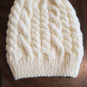 Soft White Double Cable Knit Slouchy Beanie