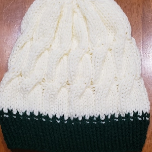 Cream White and Dark Hunter Green Cable Knit Beanie