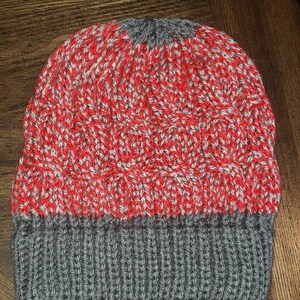 Grey and Red Cable Knit Slouchy Beanie