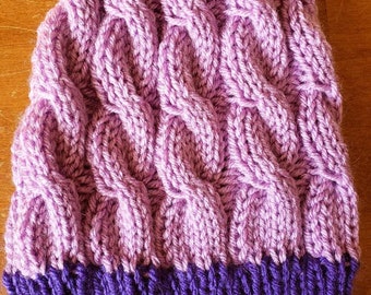 Lilac Purple and Dark Purple Cable Knit Slouchy Beanie