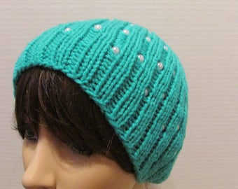 Teal Essential Knit Beanie with Pearl Beads
