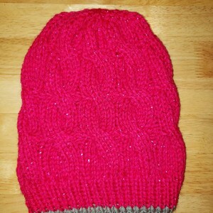 Sparkly Fuchsia Pink Cable Knit Beanie with silver grey accent