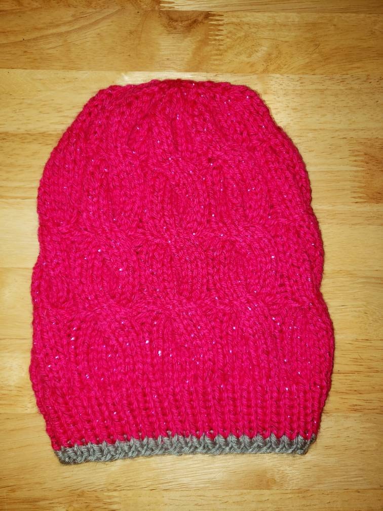 Sparkly Fuchsia Pink Cable Knit Beanie With Silver Grey  display picture 2