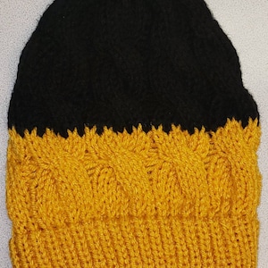 Mustard Yellow and Black Cable Knit Slouchy Beanie