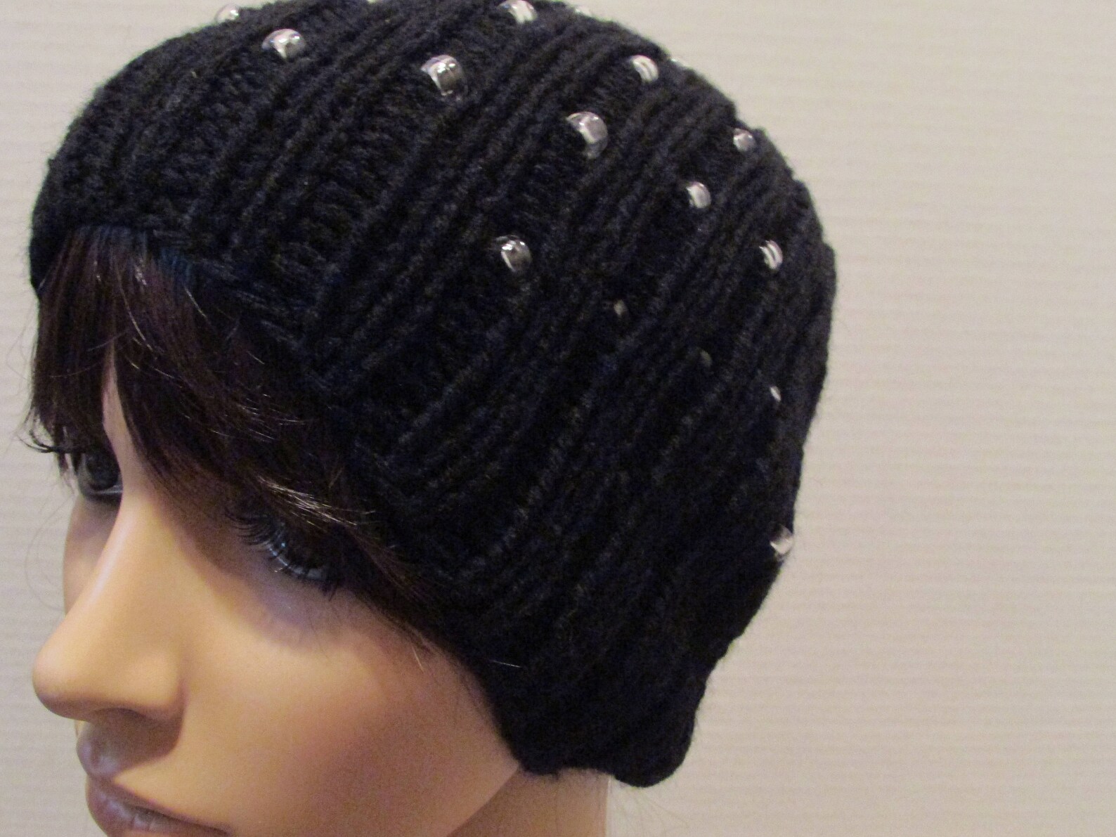 Black Essential Knit Beanie With Clear Beads Etsy