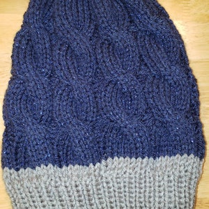 Sparkly Navy Blue and Grey Cable Knit Beanie
