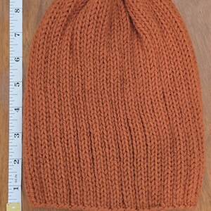 May include: A rust-colored knit beanie hat. The hat is approximately 9 inches long and 7 inches wide. The hat is made of a thick, ribbed knit fabric. The hat is a solid color with no other design elements.