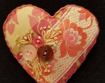 heart pin, heart brooch, fabric heart pin, embroidered heart pin, boho embroidered fabric heart pin, boho chic heart pin, heart shaped pin