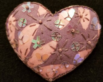 heart pin, heart brooch, fabric heart pin, fabric heart brooch, embroidered heart pin, heart shaped pin, heart shaped brooch