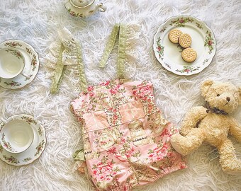 Vintage Rose Ruffled Romper with Lace Flutter Sleeves