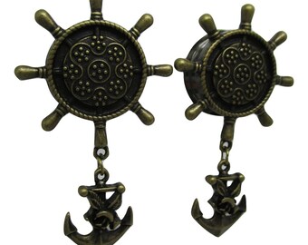 Covet Jewelry Golden Pirate Ship Anchor Wheel Ear Gauge Plug