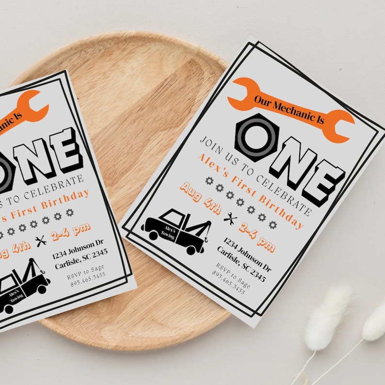 Mechanic First Birthday Invitation | Truck Birthday, Editable Canva ...