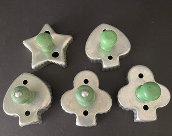 Vintage aluminum metal shape cookie cutters with green wooden handles, sold separately