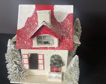 Vintage Handmade Christmas Putz house, trees and snow