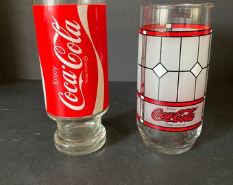 Vintage Enjoy Coke Coca-Cola Footed Pedestal Red White Ribbon Tumbler Glass Cup Vintage Enjoy Coke Coca-Cola Footed Pedestal Red White Ribbon Tumbler Glass Cup
