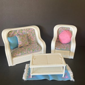 Vintage plastic “wicker” loveseat, chair, rug, and table, Living Room Set for Barbie, Mattel, 1985