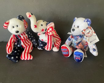 Sold separately: Political Ty Beanie Babies, 2000 Righty Elephant, Spangle Bear 1999; Limited Treasures Bear 2004 John Kerry for President