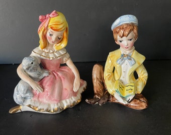 Ceramic Girl and Boy figurines, vintage, made in Japan, 1950s?