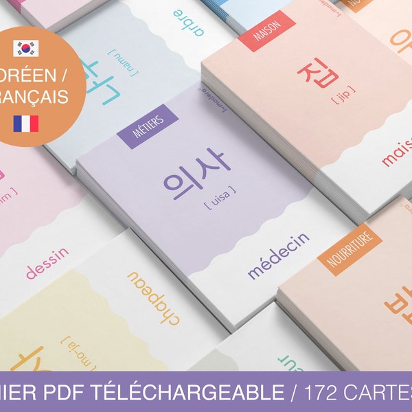 Flashcards imprimables de vocabulaire coréen | 172 cartes | Hangeul | Traduction française | Mots de base | Apprentissage débutant