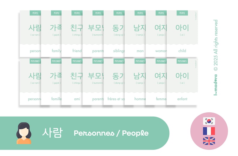 May include: A green and white illustrated flashcard set with Korean, French, and English words for people. The Korean word "사람" (saram) is shown, meaning "person" in English. The card also shows the French word "personnes" and the English word "people".