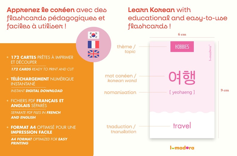 May include: Pink and white Korean language flashcards with the Korean word for "hobbies" and the word "travel" in English. The card is 6 cm by 9 cm.