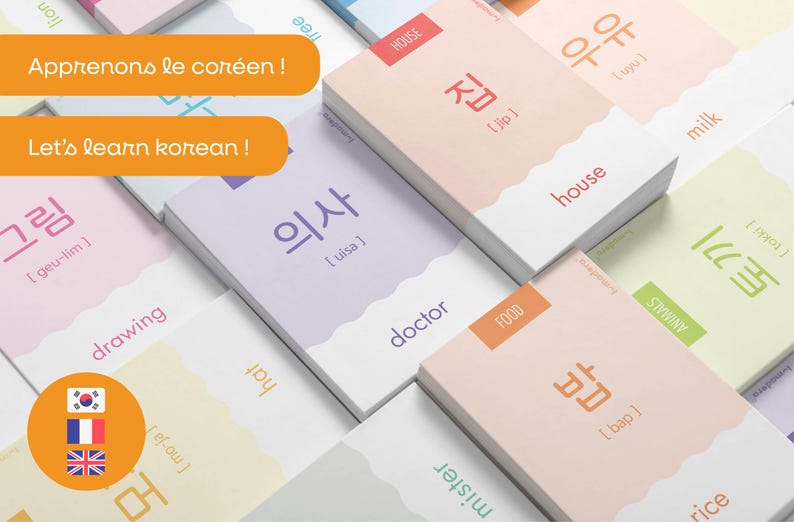 May include: Colorful flashcards with Korean words and their English translations. The words include "house", "milk", "drawing", "doctor", "food", "rice", "mister", "hat", "drawing", and "doctor".
