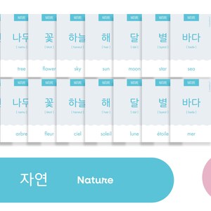 May include: A set of flashcards with Korean words and their English translations. The words are related to nature, such as "tree", "flower", "sky", and "sea".