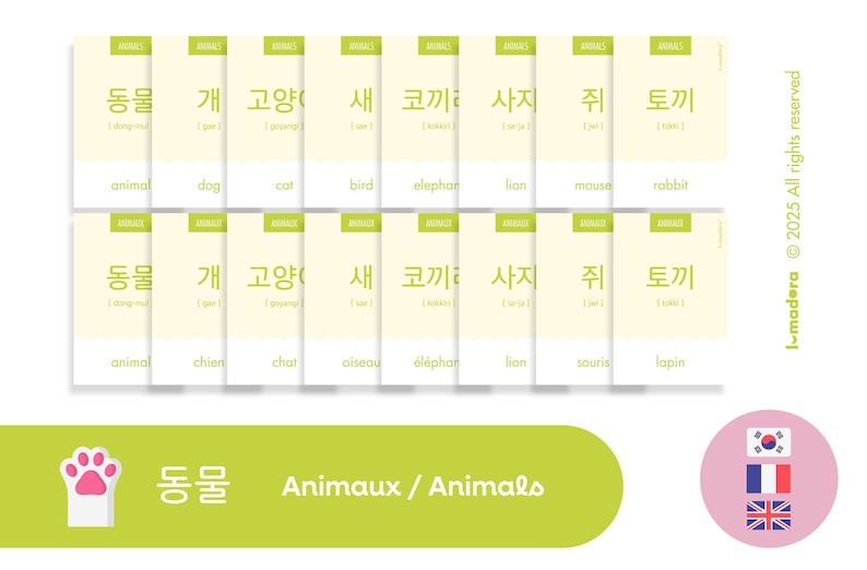 May include: A set of 12 flashcards featuring animal names in Korean, English, and French. The flashcards are yellow with green borders and feature illustrations of a cat, dog, bird, elephant, lion, mouse, rabbit, and the word "animal".