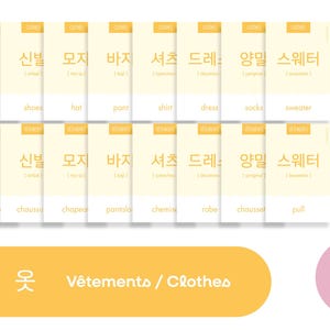 May include: A set of 12 flashcards with Korean and English words for clothing items. The flashcards are yellow with a white border and feature a Korean word, English translation, and a small illustration of the item. The words include "옷" (clothes), "신발" (shoes), "모지" (hat), "바지" (pants), "셔츠" (shirt), "드레" (dress), "양밀" (socks), and "스웨터" (sweater).