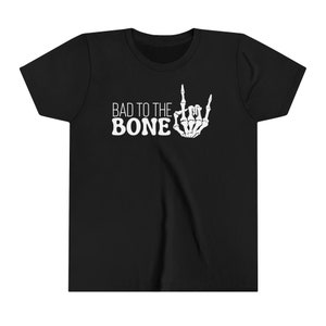 Youth Kids Halloween Skeleton &quot;Bad to the Bone&quot; Short Sleeve Tee Shirt