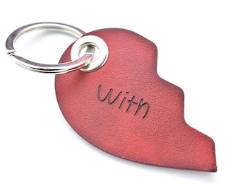 Split heart keychain, leather keyring, engraved, custom keychain, keychain couple, best friend keychain, womens gift, christmas gift, red