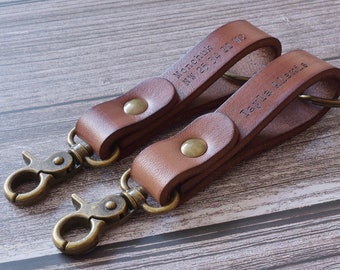 Leather keychain personalized, keyring for women, latitude longitude keyfob, engraved key chain, key organizer, anniversary gift, tan, 589