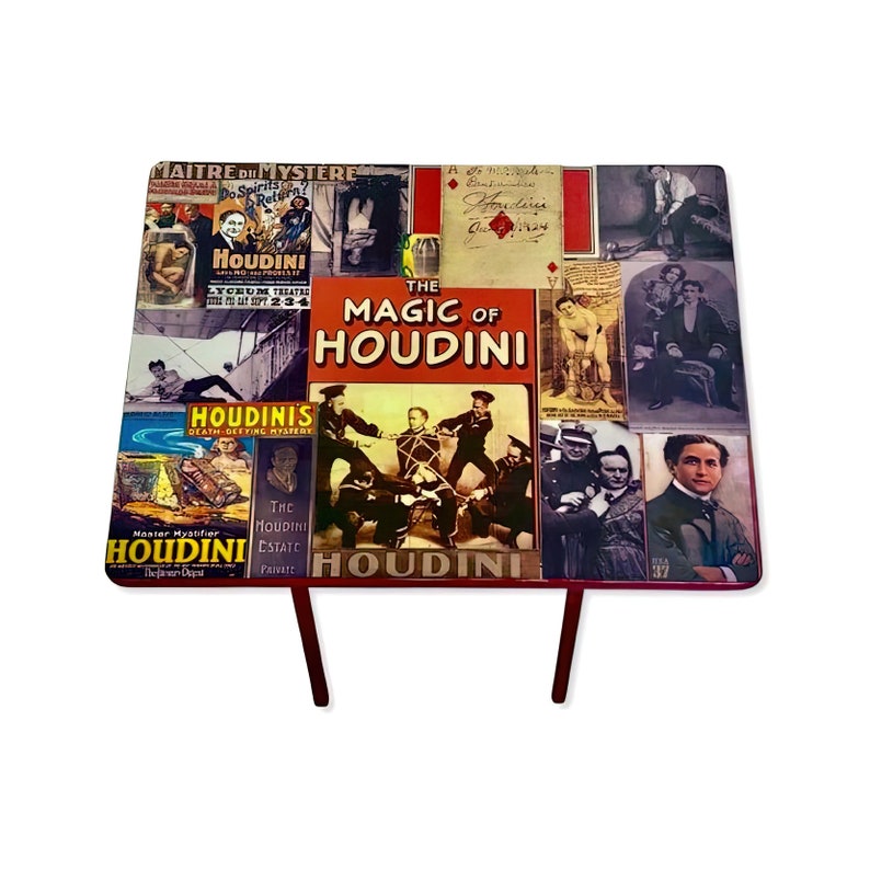May include: A red table with a collage of vintage images of Harry Houdini. The table top features images of Houdini performing various magic tricks, including escaping from a straitjacket and being tied up with ropes. The table top also features text that reads "The Magic of Houdini".