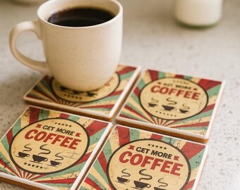 Retro Coffee Decor: Hand Painted Ceramic Coasters, Set of 4