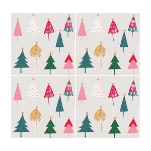 May include: A seamless pattern featuring a variety of colorful Christmas trees. The trees are in shades of pink, red, white, green, and blue. Some trees have a star on top, while others have a heart. The pattern is perfect for wrapping paper, fabric, or other crafts.