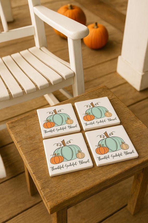 Set 4 Sottobicchieri Autunnali In Ceramica A Forma Di Zucca Con Base In Sughero - Assorbenti E Decorativi Per Halloween