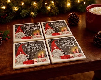 Holiday Gnome Coaster Set: Christmas Decor, Epoxy Resin Coasters