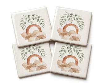 Boho Ceramic Coaster Set of 4 | Watercolor Eucalyptus Coasters | Modern Minimalist Tile Coasters | Terracotta Arch Coasters | Housewarming