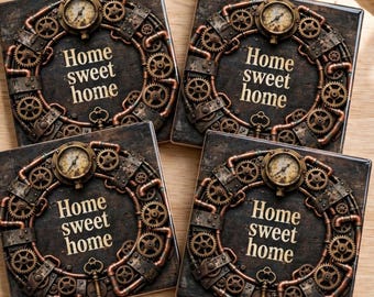 Steampunk Home Sweet Home Coasters  | Industrial Ceramic Coaster | Vintage Gear Housewarming gift | Rustic Home Decor | Industrial Farmhouse