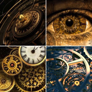 May include: A collage of four images featuring intricate clockwork mechanisms. The first image shows a close-up of a clock face with gears and a golden orb. The second image shows a human eye with a clock face for an iris. The third image shows a clock face with Roman numerals and a set of gears. The fourth image shows a close-up of a complex clockwork mechanism with gears and cogs.