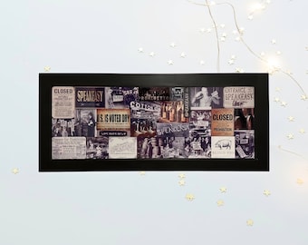 May include: A black framed collage of vintage newspaper clippings and photographs from the Prohibition era. The collage features images of people, cars, and text such as "Closed", "Speakeasy", "U.S. is Voted Dry", "Prohibition", and "Blind Pig".