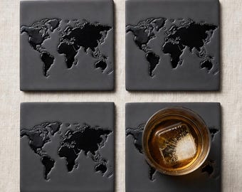 World Map Coasters Set of 4 - Black Ceramic Coasters - Flat World Map Coaster Set - Modern Minimalist Travel Gift - Office Decor