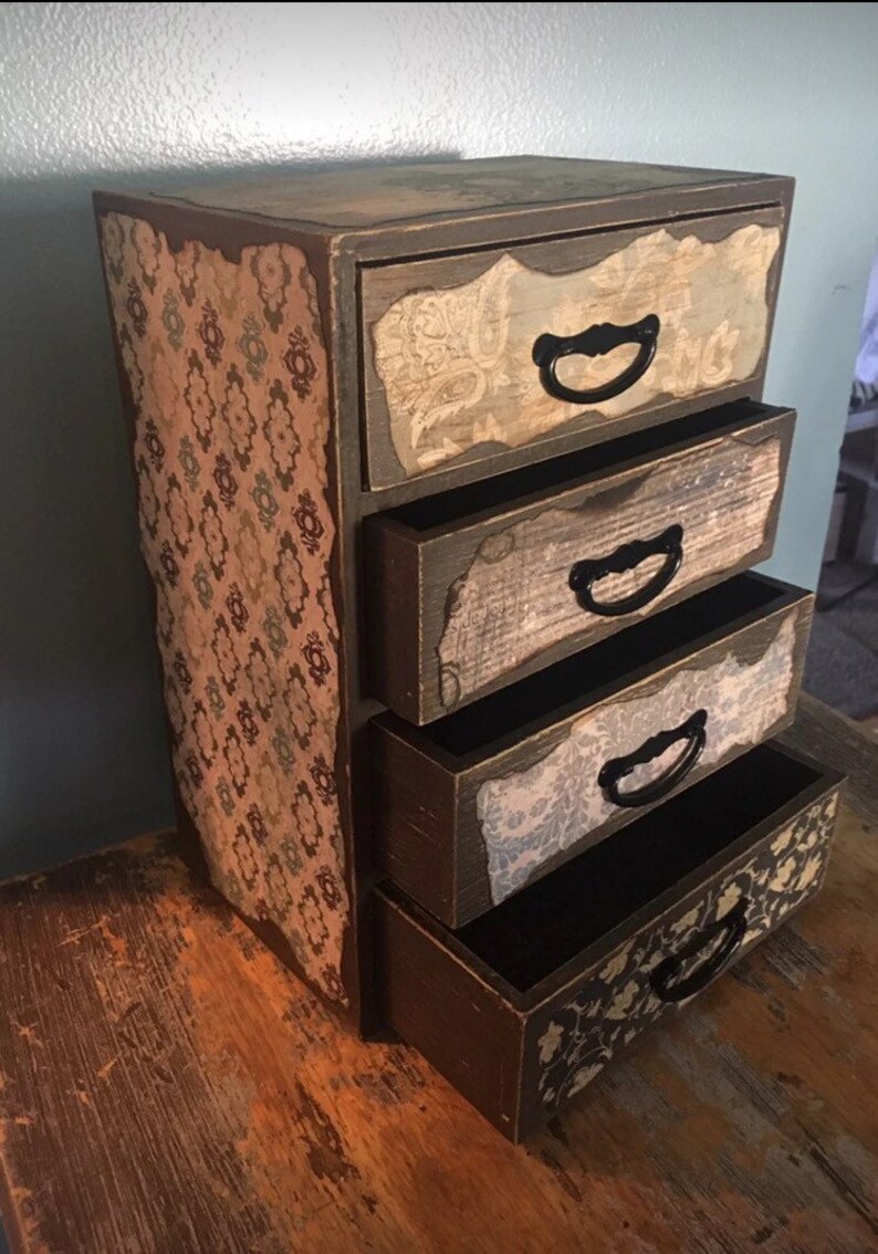 Decoupage Storage Box Small Wooden Four Drawer Caddy Etsy