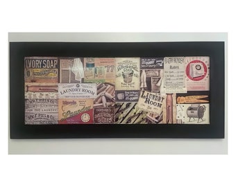 Vintage Laundry Room Art: Decoupage Collage in White Frame